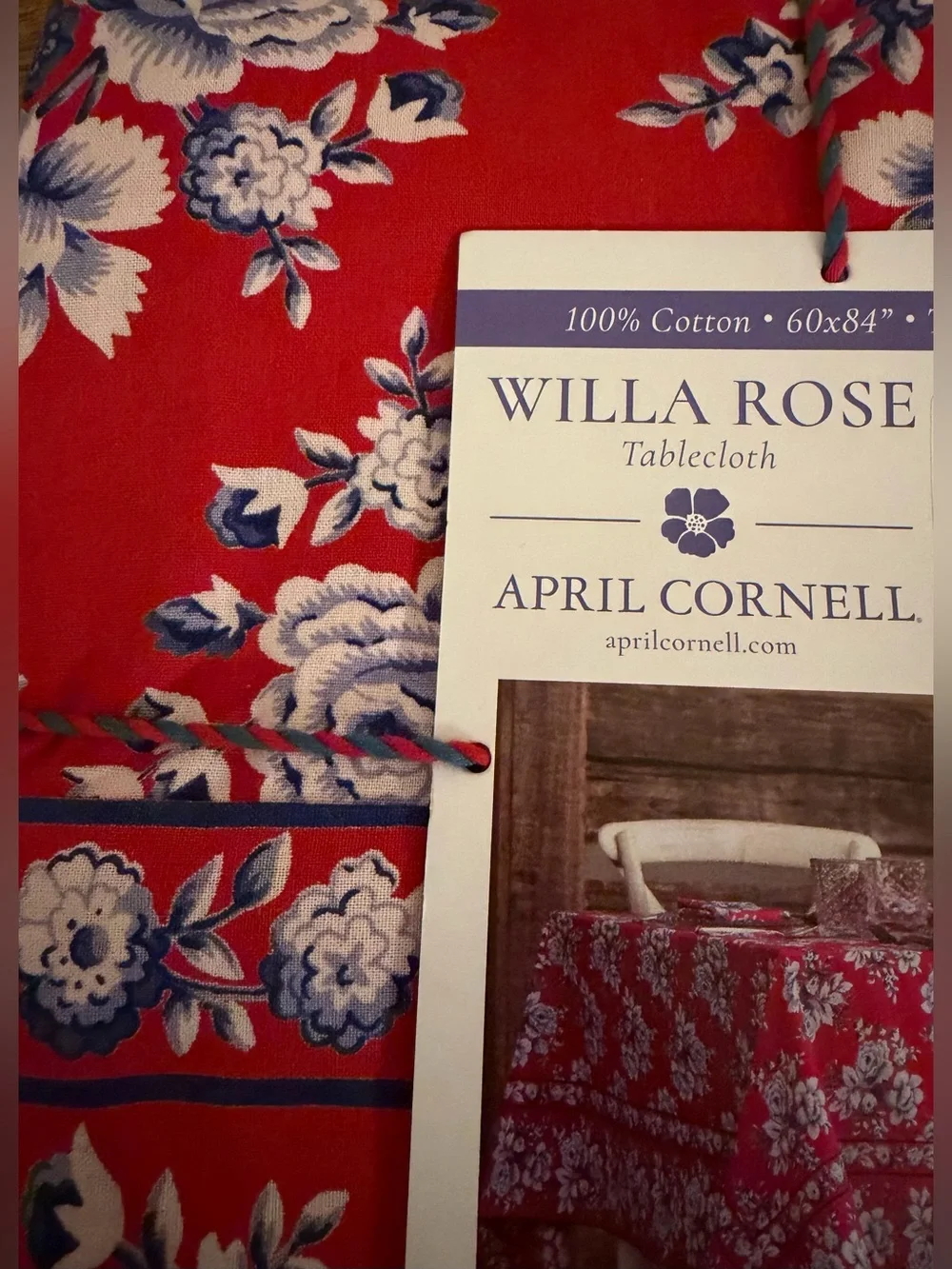 April Cornell Red Floral Tablecloth with Blue and White Blooms 60”x84”